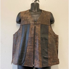 Ldervest antikbrun/sort med plain ryg. Kan udvides. Str. Large