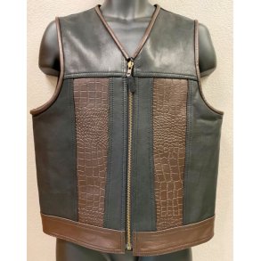 Ldervest sort/brun med lynls og plain ryg. Kraftig lder.