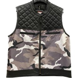 Lder/Tekstil vest. Sort med hvid/gr Camo