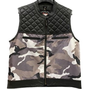 Lder/Tekstil vest. Sort med hvid/gr Camo
