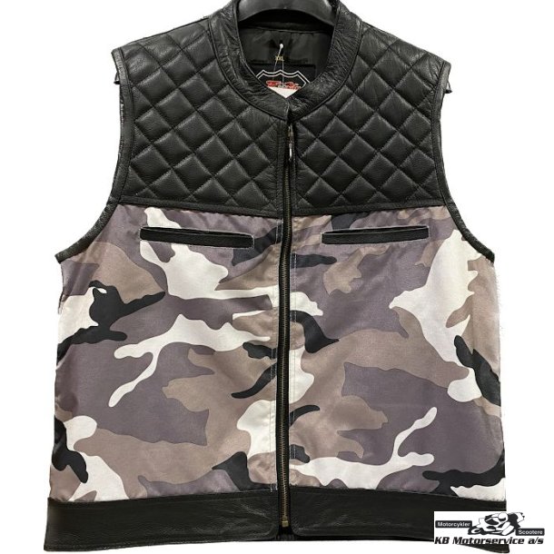 Lder/Tekstil vest. Sort med hvid/gr Camo