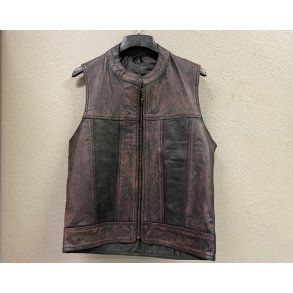 Ldervest antikbrun/sort med rund hals