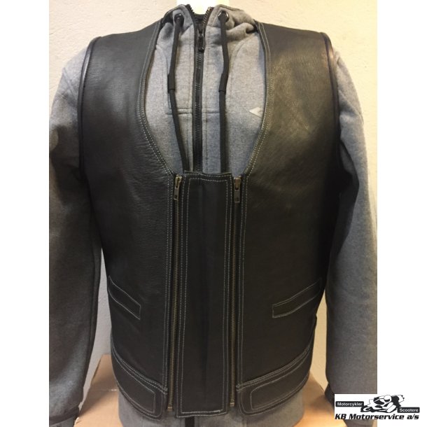 Ldervest sort med lynls og plain ryg. Str. 3XL