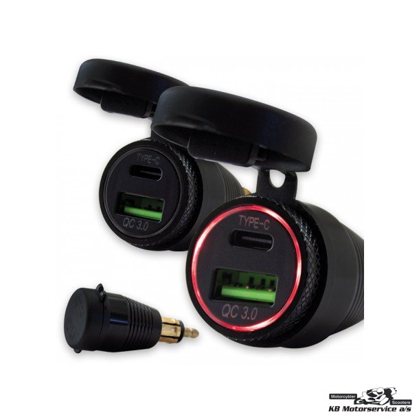 Dobbelt USB adapter. Din-stik. 1xUSB-C og 1xUSB-A oplader 3.0